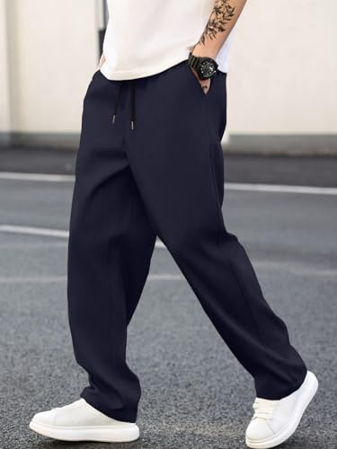 Image of MULAVRI Solid Drawstring Relexed Fit Modern Straight Leg Pants for Men's