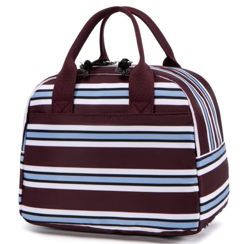 Image of LOVELYWIND Lunch Box for Women, Insulated Lunch Bag, Burgundy Stripe Tote