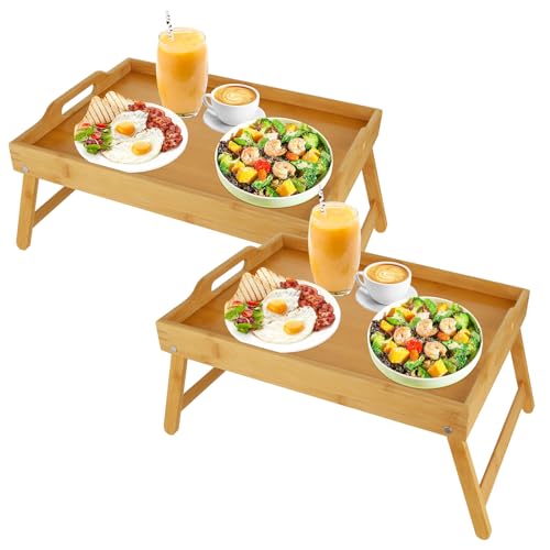 SHUESS Lot de 2 plateaux de lit en bambou - 41,5 x 30 x 20,5 cm - Plateau de petit-déjeuner avec pieds pliables