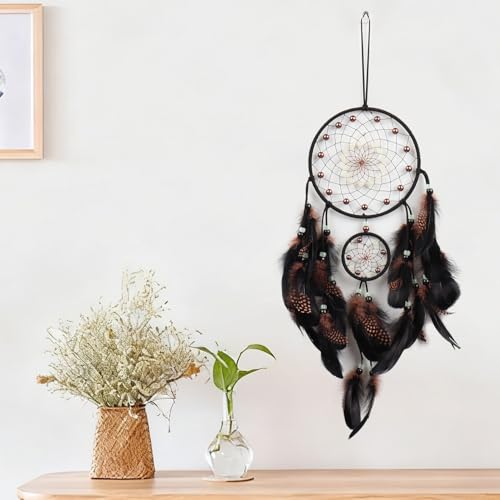6.3" Dream Catcher Wall Hanging for Home Decoration, 6.3" x 20" Traditional Circular Net with Brown Feathers & Luminous Beads for Bedroom Decor - Image 6