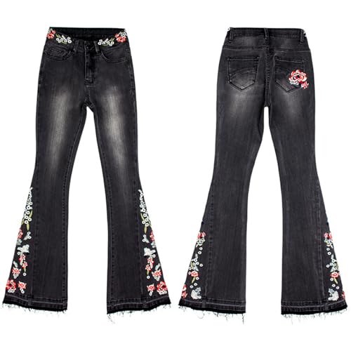 Andongnywell Ladies Embroidered Flared Jeans Women's Floral Embroidery Bell Bottom Denim Pants Trousers4