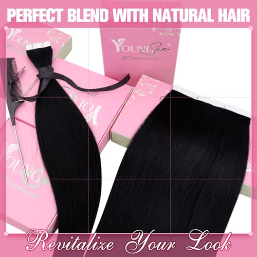 Image of YoungSee 28 Inch Tape in Hair Extensions Human Hair Black Tape in Extensions Real Human Hair Black Girl Tape ins Human Hair Extension for Long Hair 50g 20pcs