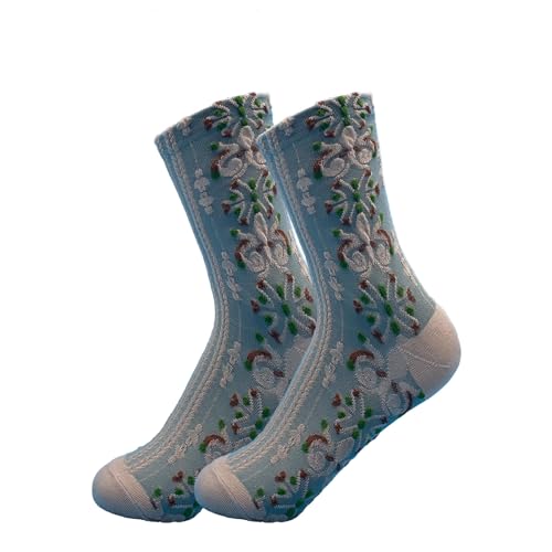 Image of 5 Pairs Floral Socks Women Trendy Flower Socks Embroidered Vintage,Girls Cute Sweet Nordic Textured Cotton Sock (US, Alpha, One Size, Regular, Regular, E 5 Pairs Green /Blue)