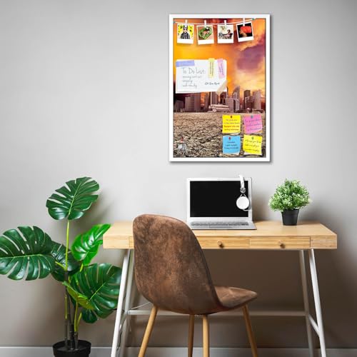 Image of ArtzFolio City Overlooking Desolate Desert | Bulletin Board Notice Pin Board | Vision Soft Board Combo with Thumb Push Pins & Sticky Notes | White Frame | 16 x 24 inch (41 x 61 cms)