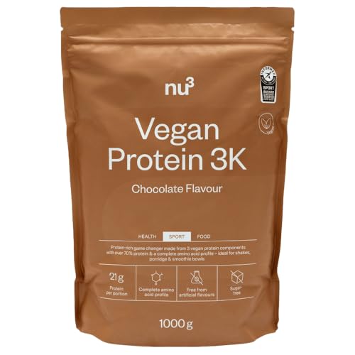 nu3 Vegan Protein 3K Schokolade 1kg- Protein-Powder, pflanzlich, laktosefrei, ohne Soja, zuckerarm, gelatinefrei, Aspartamfrei, Cremig, Eiweißpulver für Muskelaufbau, Training & Alltag - 1000 g
