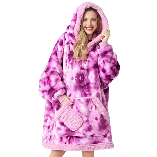 Image of Giggling Getup Wearable Blanket Hoodie for Adults Gifts for Teen Girls Sister Women Sherpa Fleece Printed Hooded Blanket Sweatshirt Warm Cozy with Pocket & Sleeves Purple Tie Dye