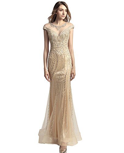 Belle House Women's Champagne Long Prom Dress Sheer Neck Off The Shoulder Mermaid Eveninng Gowns Party Dress