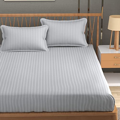 BLISSFUL HOME FURNISHING Cotton Blend Plain Stripe Elastic Fitted King Size Bedsheet With 2 Pillow Cover (90*100 Inch Double Bed) (Light Grey) For 6X6.5 Ft Bed (72X78 In) Which Fits Upto 8 In Matress