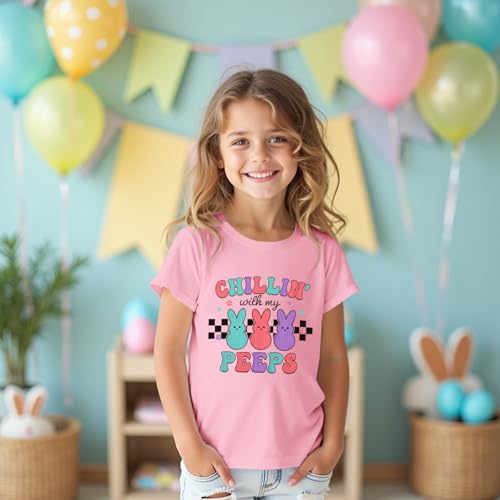 Image of CM C&M WODRO Kid Girl Funny Easter Bunny T Shirt Chillin' with My Peeps Letter Printed Shirt Short Sleeve Tee Tops