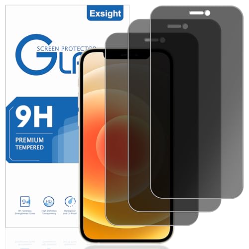 Exsight 3-Pack Privacy Screen Protector for iPhone 12/12 Pro 6.1-Inch 9H+ Hardness Anti-Spy Tempered Glass Film Fingerprint Unlock Compatible Impact-Protection Anti-Scratch Case Friendly