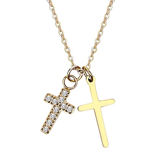 Collier double croix Flonge en acier inoxydable et zircone pour femme