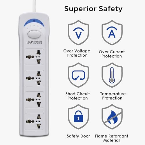 Image of Ant Esports PS400 Power Strips with 4 Universal Socket, 3-Meter-Long Cord, 2500-Watt, Fireproof Material, Heavy Duty Cable Overload Protection, Extension Cord for Home /Office Appliances - White