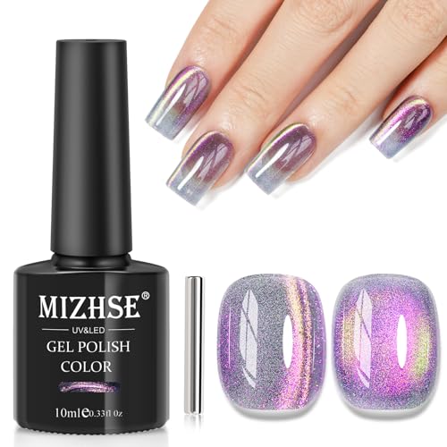 MIZHSE Cat Eye Gel Nail Polish, Purple Magnetic Gel Polish with Magnet Stick, Starry Effect Trendy Salon Shimmer Nail French Soak Off Manicure Home