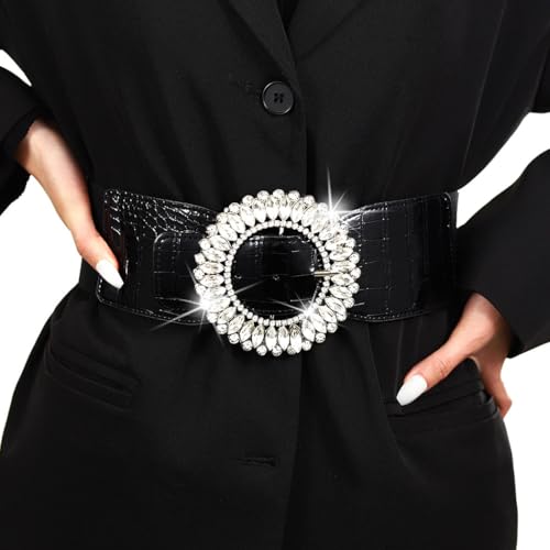 Women Wide Elastic Belt Rhinestone Wide Waist Belt for Dress Fashion Stretchy Waistband for Ladies with Silver Buckle