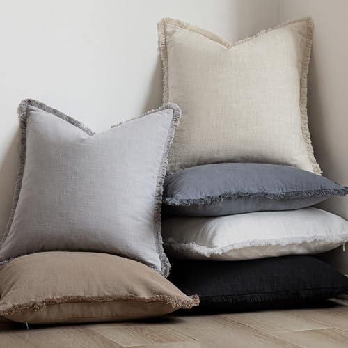 Image of Foindtower Set of 2 Decorative Linen Fringe Throw Pillow Covers Cozy Farmhouse Cushion Cover with Tassels Accent Pillowcase for Couch Chair Sofa Bed Living Room Home Decor,16x16 Inch,Light Rustic Gray