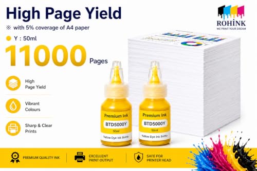 Image of ROHINK Premium Dye Ink Bottles for Brother Printers, T220, T300, T310, T420, T500, T520, T820, T920, T510, T910, T710, T4500W, T800W, T710W - Printer (BTD5000 Yellow Pack 2)