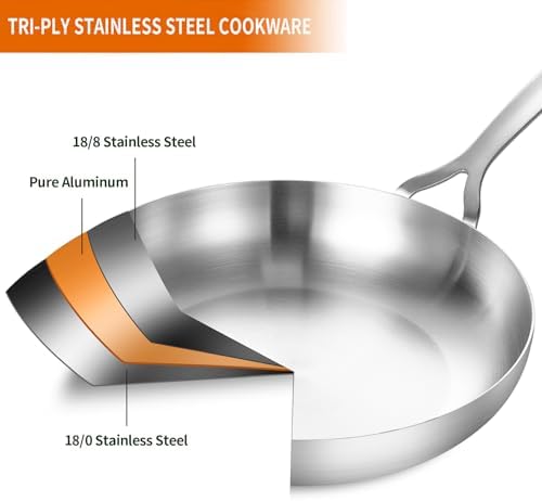 DELARLO 10inch Tri-Ply Stainless Steel Pan with lid, Induction Stainless Steel Frying Pan With Lid, Oven Safe Skillet 10in, Heat quickly and evenly, Durable Stainless Steel Cookware - Thumbnail 4