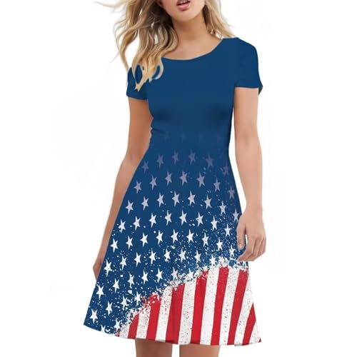 Image of HUGS IDEA Womens Puffy Swing Midi Dress Round Neck Short Sleeve Party A-Line Dresses