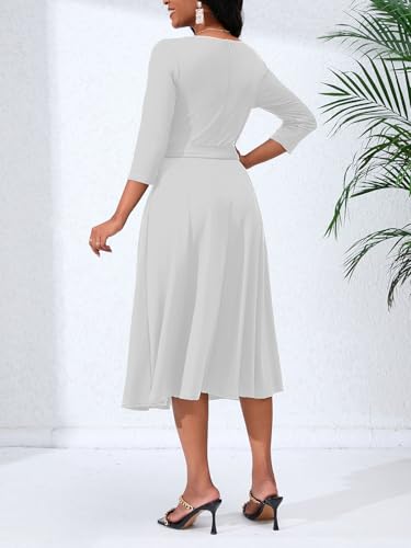 Image of PerZeal Women's Caual Midi Dress 3 /4 Sleeve Crewneck A-line Swing Dress for Women with Belt for Wedding Guest & Cocktail Party White Medium