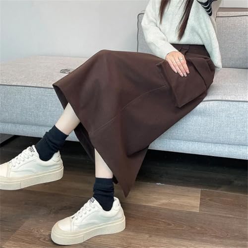 Women's Winter High Waist Plus Size Midi Twill Large Pocket Side Slit Wool A-Line Skirt3