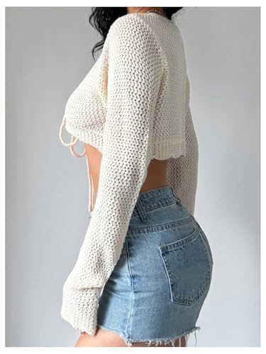 OYOANGLE Women's Tie Front Crop Crochet Cardigans Long Sleeve V Neck Knit Shrugs3