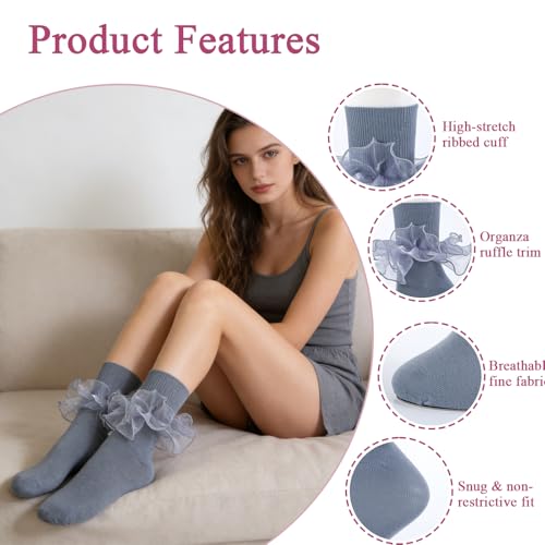 Image of Women Big Ruffle Ankle Socks Adult Double Lace Frilly Socks Fold Cuff Cotton Ruffled Dress Crew Bobby Bride Sock