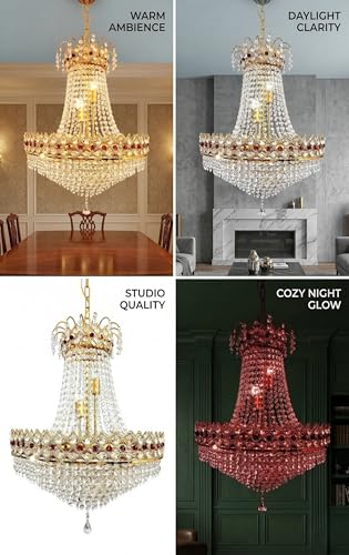 Image of ONFLOW AETERNA LUX Empire Crystal Chandelier with Ruby Red Accents - 32 inch Diameter x 45 inch Height - Elegant Gold Finish Hanging Ceiling Light for Living Room, Dining Hall, and Hotel Lobby (RED Eye)