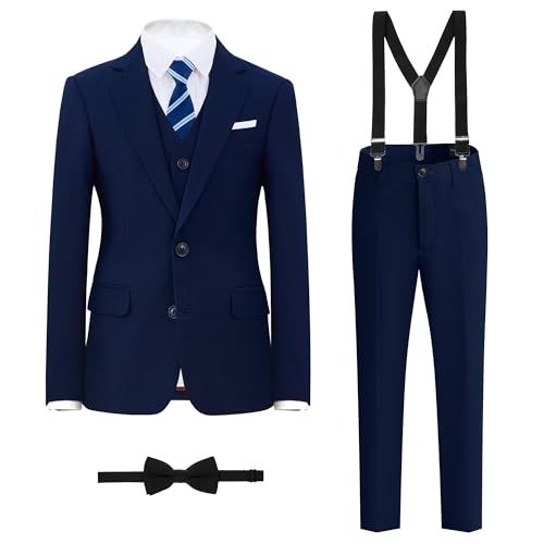 BOLADA Boys 6 Piece Slim Fit Suit Set, with Suspenders, Dark Blue, Size 8 by BOLADA - Used condition - US$40.99