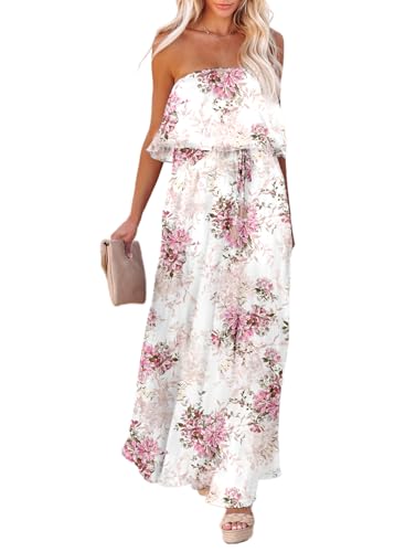 Image of Dokotoo Womens Strapless Dresses Casual Summer High Waist Side Split Flowy Boho Maxi Dress