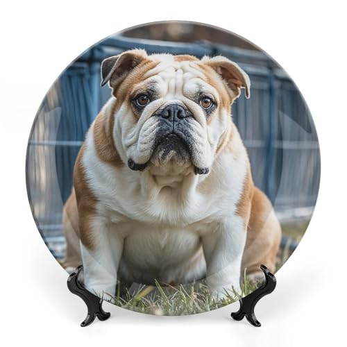 Plato decorativo de porcelana de hueso de 7 pulgadas, platos de cena de bulldogs ingleses, platos decorativos con soporte de exhibición para colgar, placa de porcelana para manualidades, adornos de