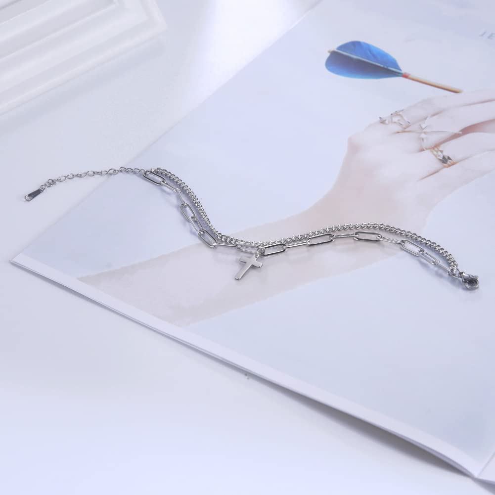 Bracciali, Bracciale con Pendente a Croce alla Moda a Doppio Strato - Cristiano Religioso Regolabile(Silver)