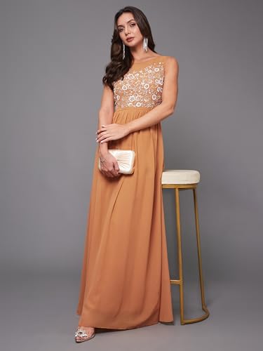 Image of Miss Chase Women's Round Neck Sleeve Embellished Fit Flare Maxi Dress