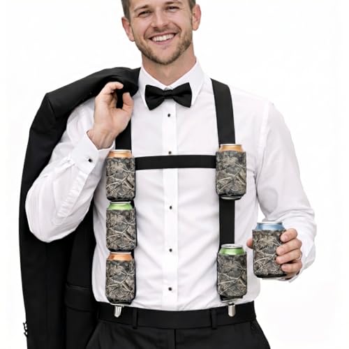 Big Woody Camo Neoprene Can Cooler Suspenders Hands-Free 6-Pack Holder for Tailgating Fishing Hunting BBQ