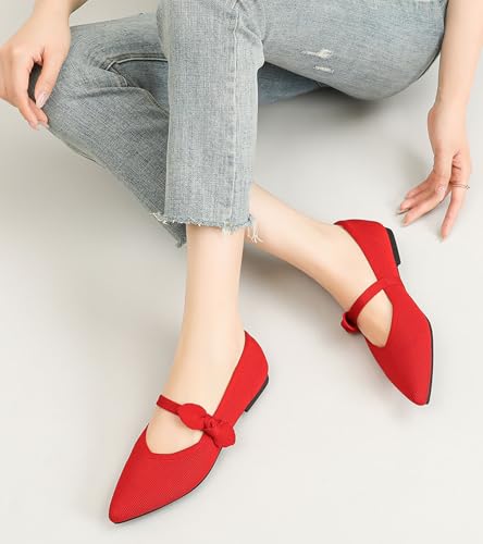 Women's Flats Mary Jane Ballet Knit Flats for Women Pointed Toe Comfortable with Bow Foldable Dressy Flats Slip On Casual Office Shoes2