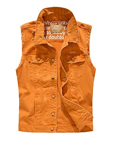 Image of Men's Sleeveless Ripped Denim Vest Casual Slim Fit Button Down Jeans Vests Jacket