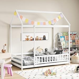 KOMFOTT Twin Size Floor House Bed, Wooden Montessori Bed with Roof & Full-Length Safety Guardrail, Floor Playhouse Bed Frame for Kids, Girls, Boys (White) KOMFOTT Twin Size Floor House Bed Wooden Montessori Bed with Roof Full Length Safety Guardrail Floor Playhouse Bed Frame for Kids Girls Boys White