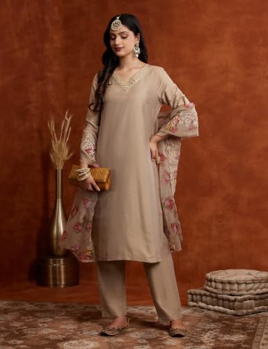 Buy Amazon Brand - Myx Women's Kurta Pant Set with Embroidered Organza Dupatta | Viscose,Rayon (AW24-MYX-SKD-VN-08_Golden Beige_XS) at Amazon.in - Image 3