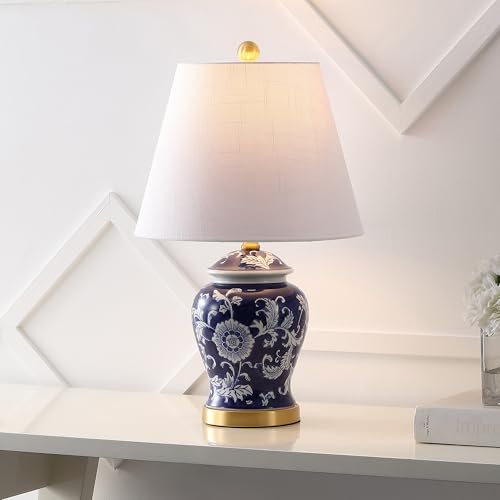 Image of JONATHAN Y 22 inch Navy /White Ceramic Table Lamp, French Country Chinoiserie Ginger Jar LED Bedside Lamp for Living Room Bedroom, White Linen Shade (JYL3005D)