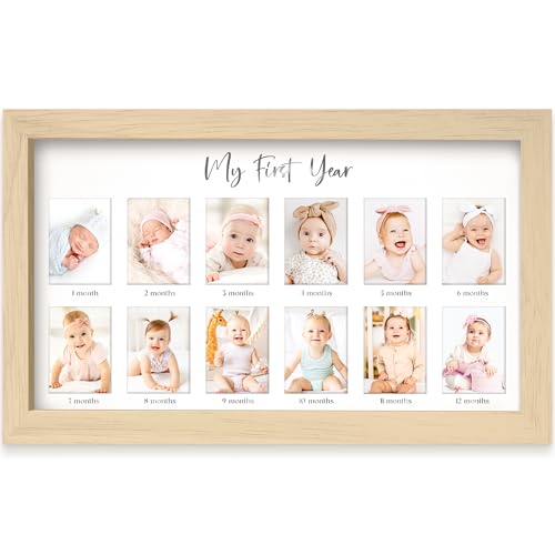 Image of My First Year Photo Frame, 12 Months Baby Picture Frame for Newborn Girl,Boy - Baby Shower Gifts Keepsakes,Monthly Baby's One Year Birthday Milestone,1st Nursery Photo Collage Display Board (Ash Wood)