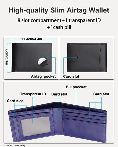 Mens Wallet with AirTag Holder, Bifold Genuine Leather Rfid Blocking AirTag Wallet with Cash Slots 9 Card Holders & ID Window, Compatible Apple Airtag Wallet Gifts for Men, Blue Inner2