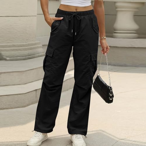 Wide Leg Cargo Pants Women High Waist Parachute Pants Drawstring Travel Fishing Hiking Pant with Multiple Pockets2