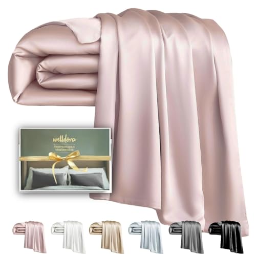 Welldora Deckenbezug aus 100% Seide 135x200 | Luxuriös weich, sanft zur Haut, hypoallergen | 22 Momme, Höchste Güteklasse 6A | Zert. in der Schweiz | Oeko-Tex Seidenbettwäsche Zartrosa