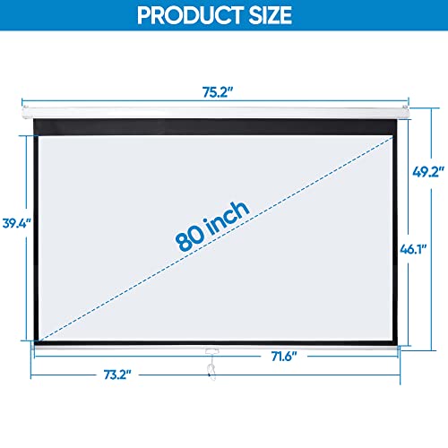 Image of SUPER DEAL 80'' 16:9 HD Projection Screen Foldable Anti-Crease Portable Projector Movie Screen Manual Pull Down for Home Theater Presentation Education Outdoor Indoor Public Display