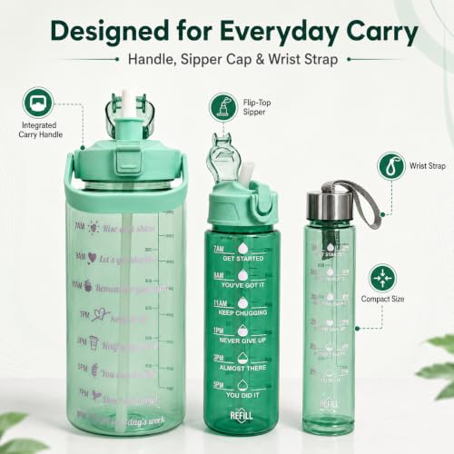 Image of 3 in 1 Water Bottle Set with Sipper & Straw, Green