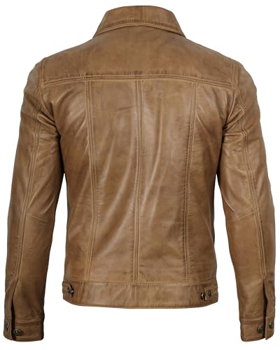 Image of fjackets Real Lambskin Vintage Trucker Leather Jacket Men - Shirt Collar Style Leather Jackets For Mens