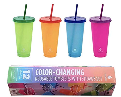 12 Pack Manna Color Changing Reusable Tumblers with Straw Set