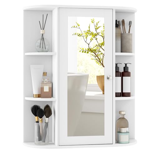 DORTALA Bathroom Medicine Cabinet, Single Door Wall Mounted Medicine Cabinet with Mirror and Shelves, White