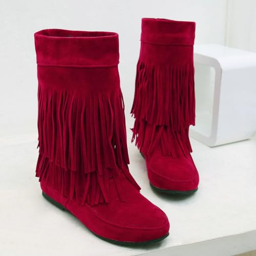 DINTAHA Flat Boots With Fringe For Women,Mid Calf Boots For Women Low Heel,Suede Ankle Boots4