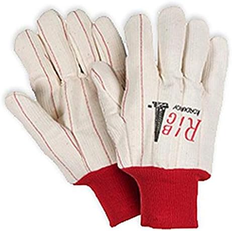 UCHF185 Corded Poly/Cotton Outer Oil Field Gloves, Heavy Weight, Non-Woven Liner, Red Knit Wrist, White (Pack of 12)