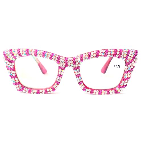 mincl Oprah style Bling Rhinestone Square Reading Glasses For Women Shiny Diamond Blue Light Blocking Eyeglasses (red, 2, x)